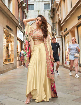 Cream French Crepe Silk Dhoti Set with Heavy Handwork Blouse - Cream