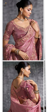 Dusty Rose Pink Silk Saree with Embroidered Border Designer Blouse