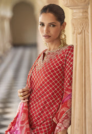 Orange Embroidered Chinon Kurta With Sharara & Dupatta