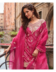 Pink Embroidery Print Sharara Suit Set In Chinon Silk