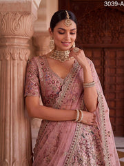 Blush pink Premium Net Embroidered Lehenga Choli with Peacock & Paisley Work, Designer Blouse and Soft Net Dupatta