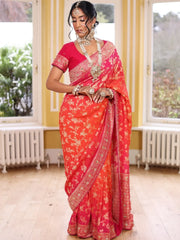 Royal Crimson Banarasi Bridal Saree with Gold Zari Floral Weaving