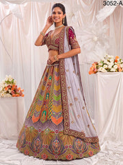 Purple shade Multi Colour Pure Slub Silk Premium Dori Embroidery Sequins & Diamond Work Bridal Lehenga Choli - Multicolor