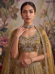 Mustard Pure Soft Heavy Net Fancy Embroidery Work Bridal Lehenga Choli - Mustard