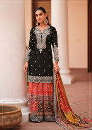 Black Pakistani Style Embroidered Suit with Floral Palazzo