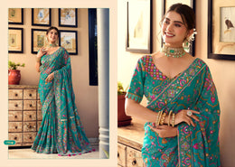 Sea blue blue Royal Multicolour Designer Mirror-Work Saree