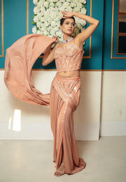 Peach Satin Silk Corset Draped Saree Set