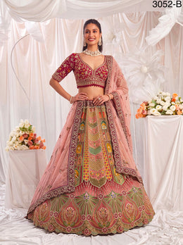 Blush pink shade Multi Colour Pure Slub Silk Premium Dori Embroidery Sequins & Diamond Work Bridal Lehenga Choli - Multicolor