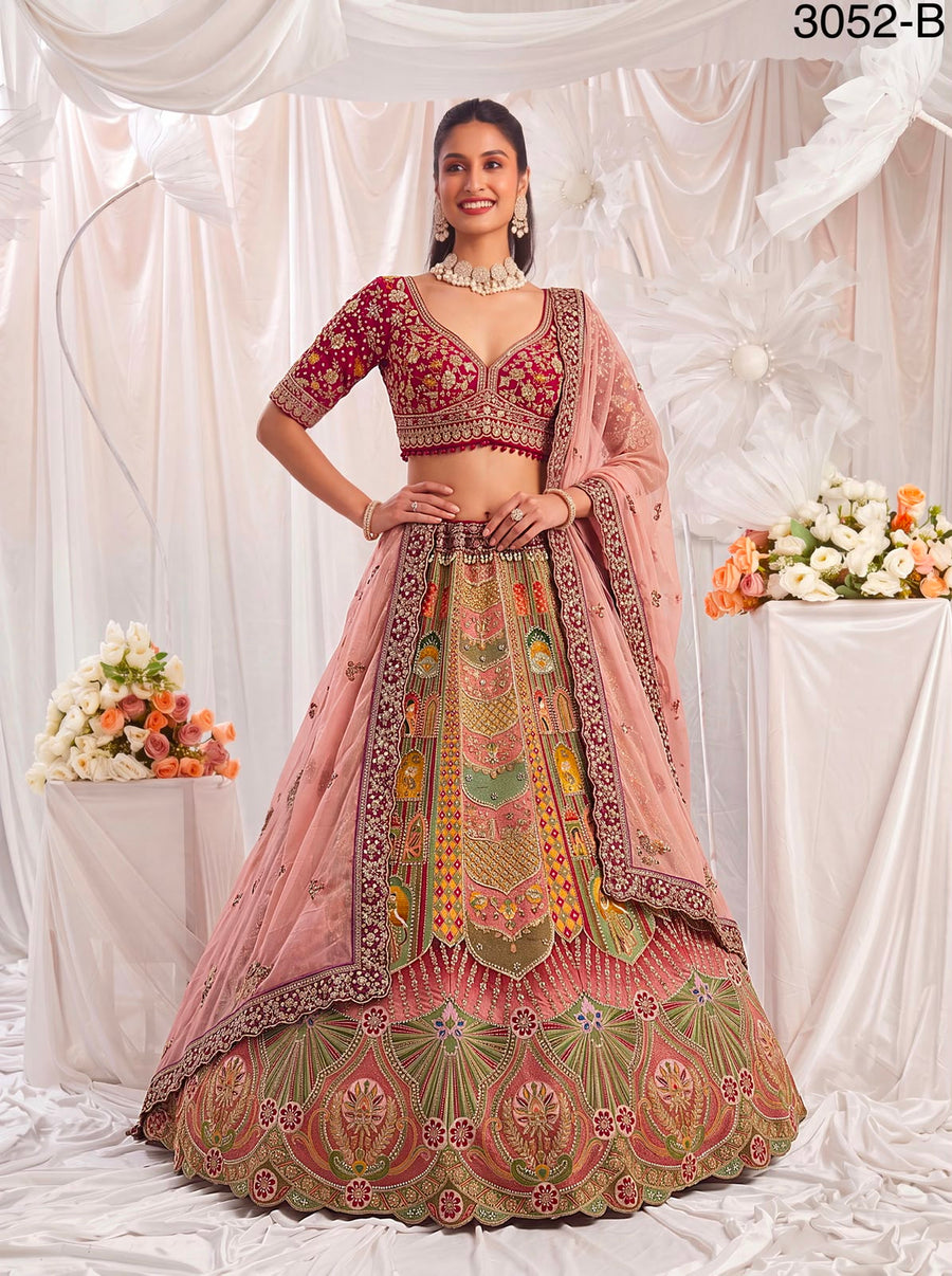 Blush pink shade Multi Colour Pure Slub Silk Premium Dori Embroidery Sequins & Diamond Work Bridal Lehenga Choli - Multicolor
