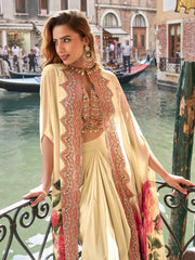 Cream French Crepe Silk Dhoti Set with Heavy Handwork Blouse - Cream