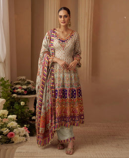 Classic Mint Green Multicolor Readymade  mirror Work Crepe Silk Sharara Suit
