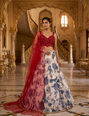 Ruby Red Blouse & Blue Bloom Floral Lehenga