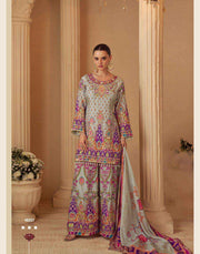 Multi colour full printed Readymade  mirror Work Crepe Silk Sharara Suit