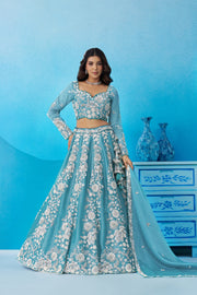 Aqua Blue Organza Designer Lehenga Choli for Wedding