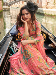 Peach-Pink Floral Chinon Silk Anarkali Gown with Dupatta - Pink
