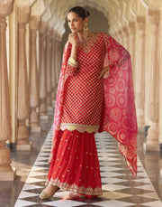 Orange Embroidered Chinon Kurta With Sharara & Dupatta