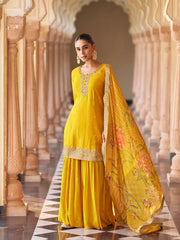 Embroidered Chinon Kurta With Sharara & Dupatta