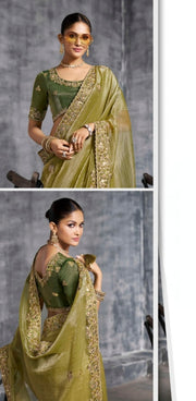 Pista Green Saree with Embroidered Border Designer Blouse