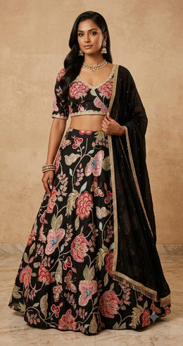 Luxury Floral Embroidered Black Lehenga with Dupatta