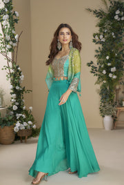 Light Green and blue shade Real Gerogette Chinon Digital Print Plazzo crop top and waist coat