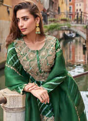 Green Embroidery Print Sharara Suit Set In Chinon Silk