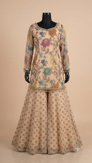 Cream Floral Embroidered Sharara Set
