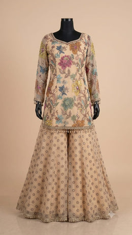 Cream Floral Embroidered Sharara Set