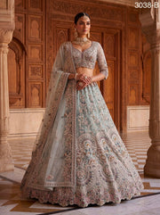 Ice Blue Premium Net Embroidered Lehenga Choli with Peacock & Paisley Work, Designer Blouse and Soft Net Dupatta