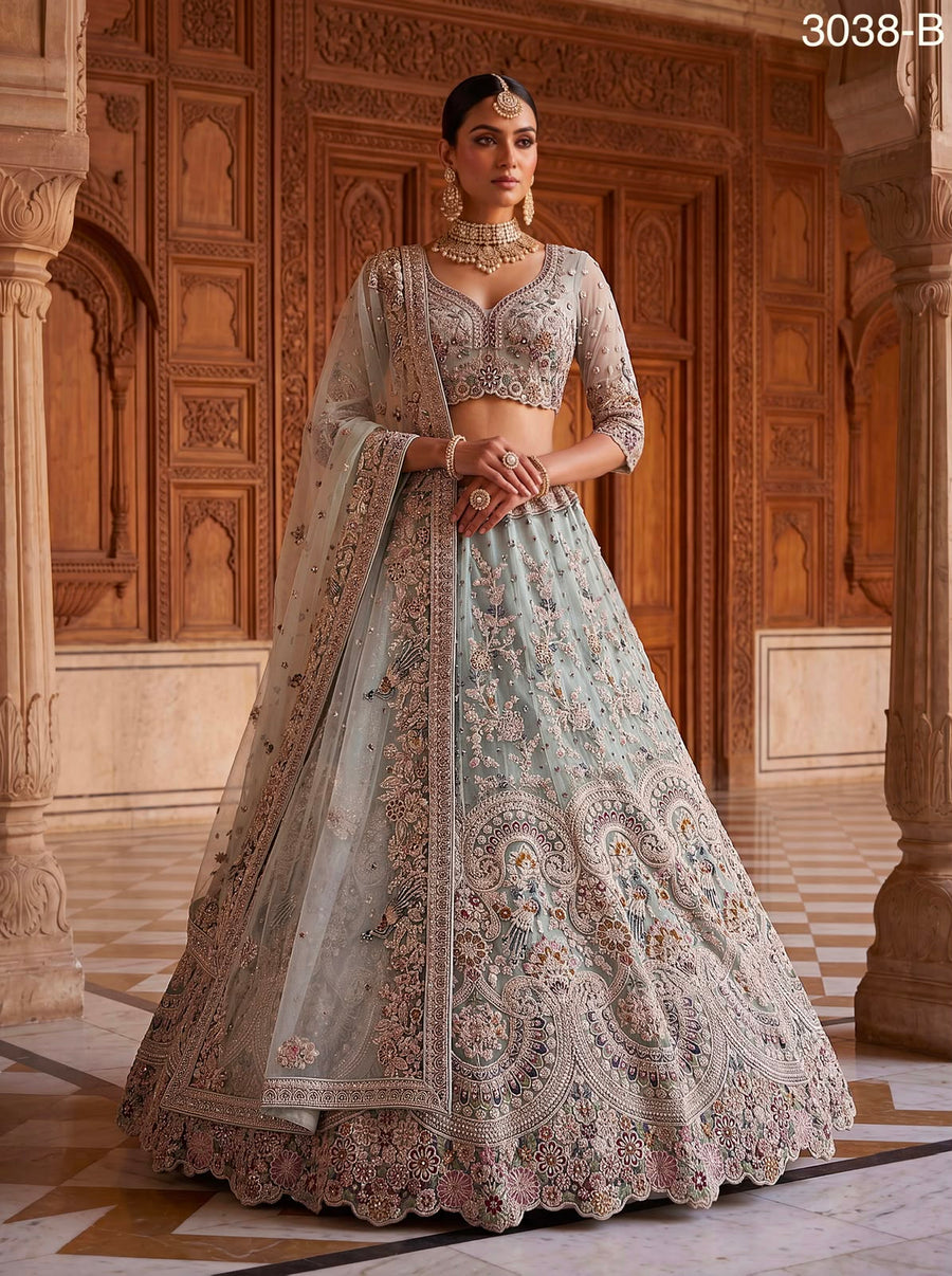 Ice Blue Premium Net Embroidered Lehenga Choli with Peacock & Paisley Work, Designer Blouse and Soft Net Dupatta