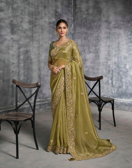 Pista Green Saree with Embroidered Border Designer Blouse
