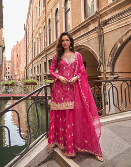 Pink Embroidery Print Sharara Suit Set In Chinon Silk