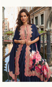 Dark Blue Readymade Crepe Skirt Set With shrug