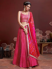 Pink Chinon Silk Embroidery Semi Stitch Lehenga Chol - No Stitch