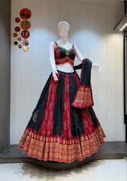 Pure Cambric Ikkat Print Navratri Flare Lehenga Set with Ghamti Work & Mirror Lace