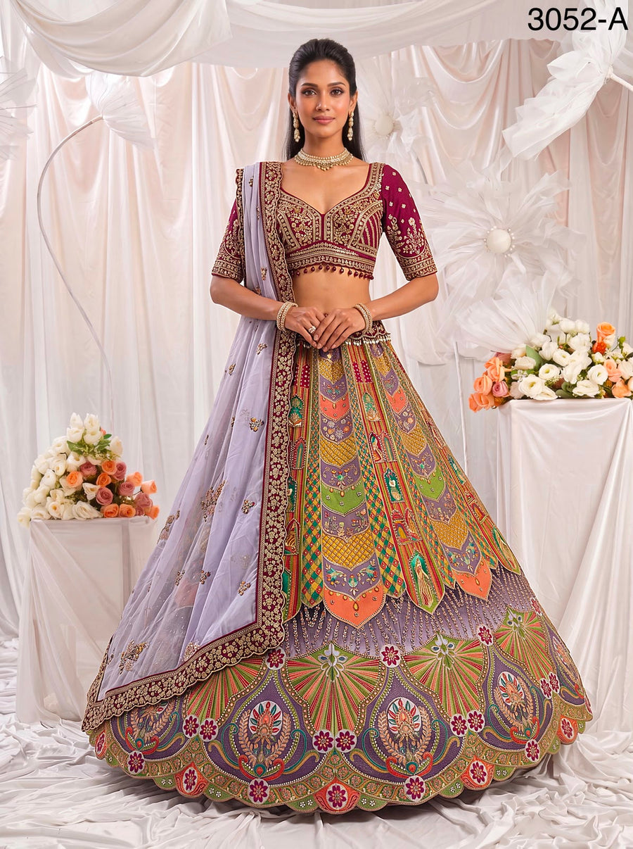 Purple shade Multi Colour Pure Slub Silk Premium Dori Embroidery Sequins & Diamond Work Bridal Lehenga Choli - Multicolor