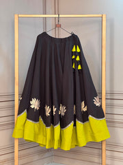 Midnight Black Lotus Print Cotton Navratri Lehenga