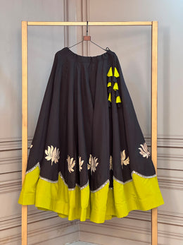 Midnight Black Lotus Print Cotton Navratri Lehenga