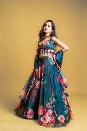 Navy Blue Floral Printed Lehenga Set with Embellished Blouse & Dupatta
