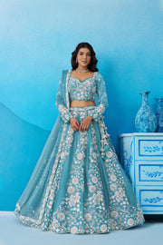 Aqua Blue Organza Designer Lehenga Choli for Wedding