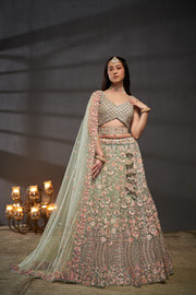 Sea Green & pink Embroidered Sequinned Lehenga & Unstitched Blouse With Dupatta