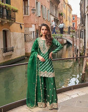 Green Embroidery Print Sharara Suit Set In Chinon Silk