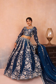 Dark Navy Blue Organza Designer Lehenga Choli for Wedding