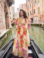 Ivory Floral Chinon Silk Anarkali Gown with Dupatta - White