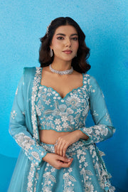 Aqua Blue Organza Designer Lehenga Choli for Wedding