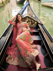 Peach-Pink Floral Chinon Silk Anarkali Gown with Dupatta - Pink