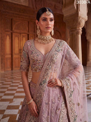 Mauve Mist Premium Net Embroidered Lehenga Choli with Peacock & Paisley Work, Designer Blouse and Soft Net Dupatta