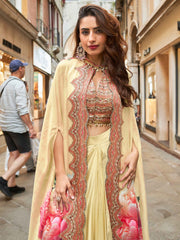 Cream French Crepe Silk Dhoti Set with Heavy Handwork Blouse - Cream