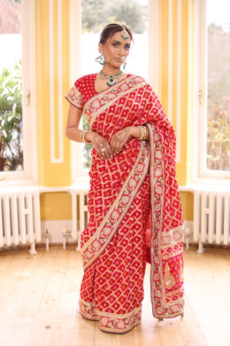 Royal Red Bandhani Bridal Saree with Zari Border