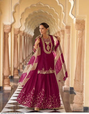 Wine Embroidered Chinon Kurta With Sharara & Dupatta