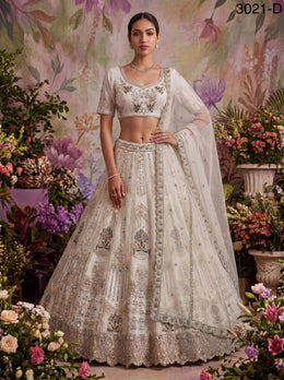 White Pure Soft Heavy Net Fancy Embroidery Work Bridal Lehenga Choli - White